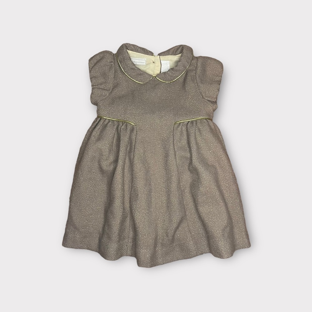 First Impressions Gold Trim Peter Pan Collar Brown Twill Dress